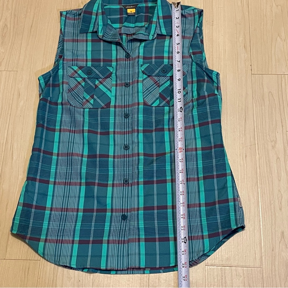 Eddie Bauer Turquoise and Navy Plaid Top Sleeveless Collar Pocket Women Size S - Picture 6 of 13